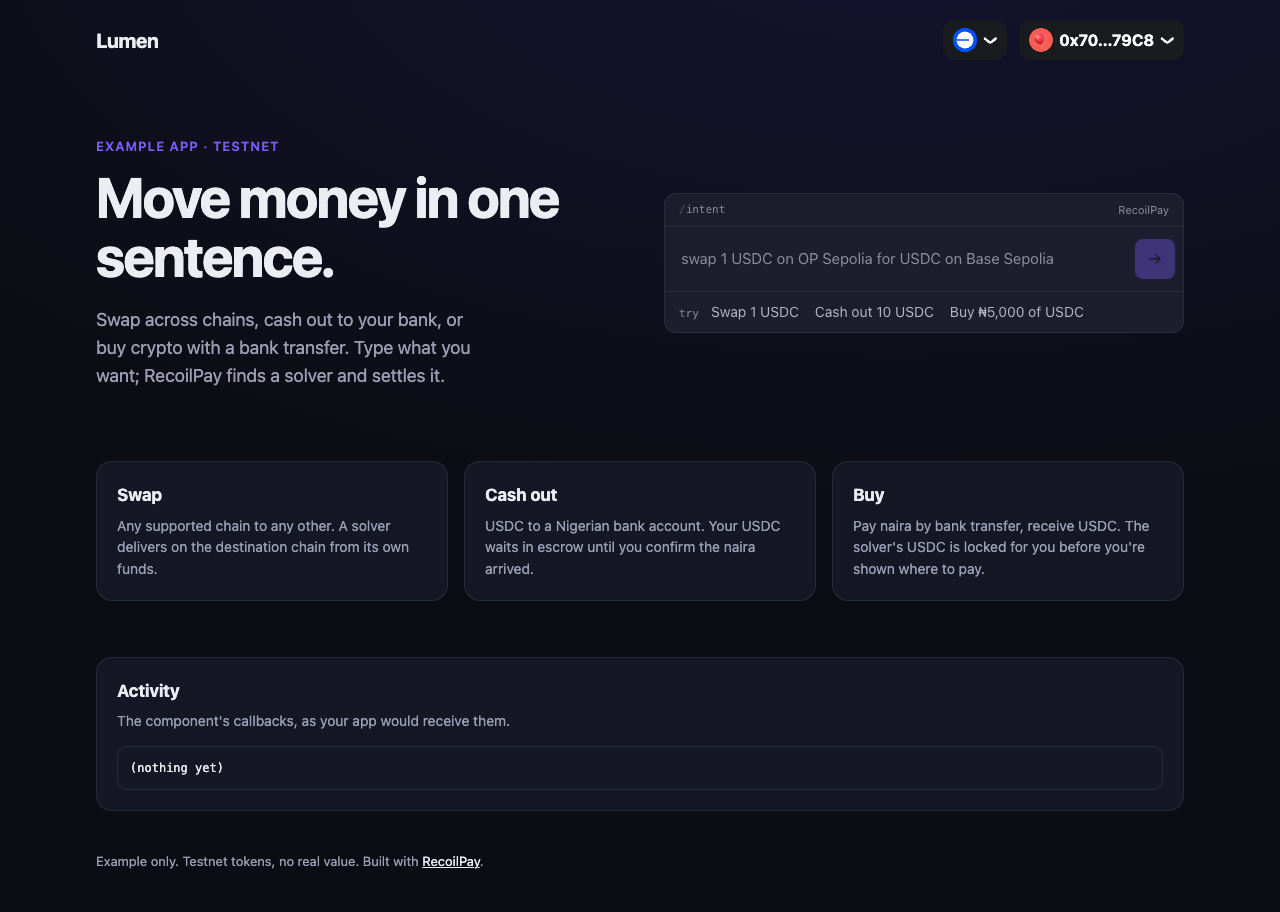 The finished React page: RainbowKit's connected wallet in the header, RecoilPay's intent field in the hero, feature cards and an activity panel