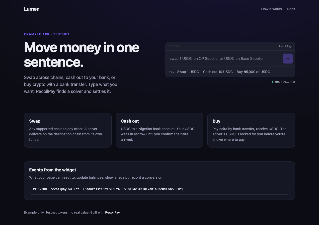 The finished landing page: copy on the left, the RecoilPay widget on the right, three feature cards and an events panel below